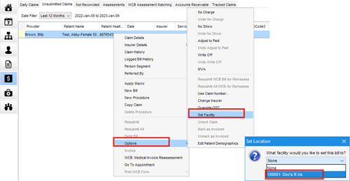Find the facility ID in Accuro by going to Claims > Daily Claims or Unsubmitted Claims > Options > Set Location